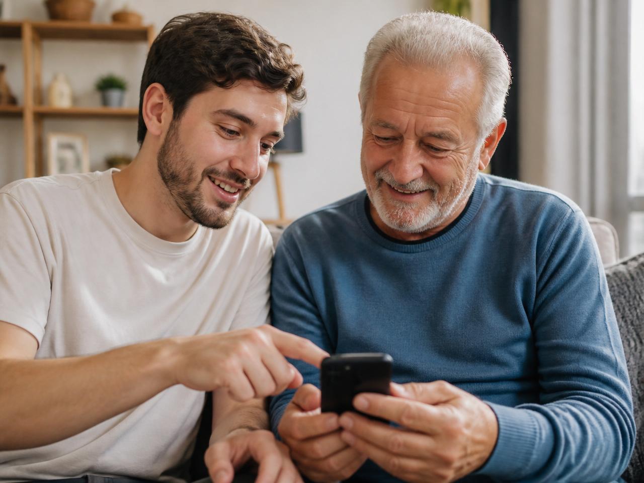 Uma pessoa mais jovem ensinando um senhor a usar o celular